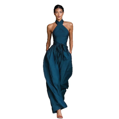 Evaria - Cross Halter Wide Leg Jumpsuit