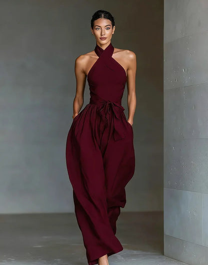 Evaria - Cross Halter Wide Leg Jumpsuit