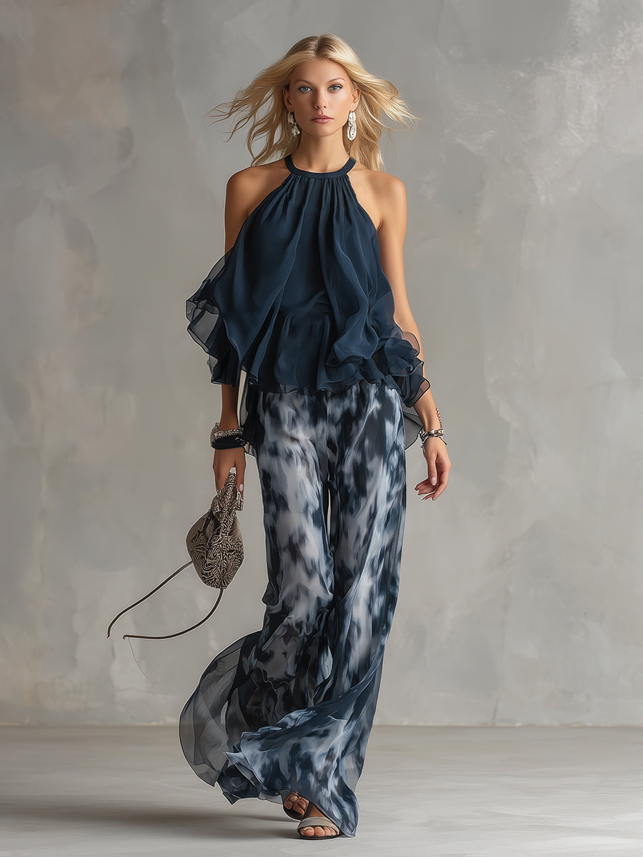 Norelda - Elegant High-Neck Top & Wide-Leg Trousers Set