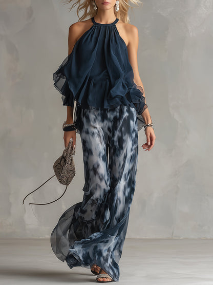 Norelda - Elegant High-Neck Top & Wide-Leg Trousers Set