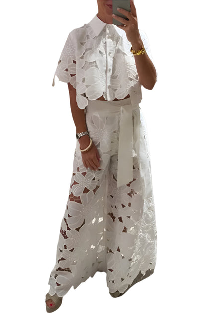 Celessia - Floral Lace Blouse and Wide Leg Trousers Set