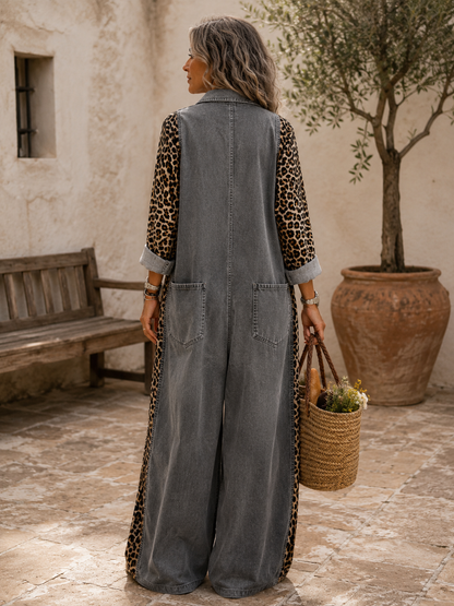 Annalise - Leopard Panel Denim Wide Leg Jumpsuit