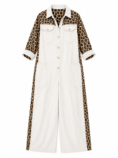 Annalise - Leopard Panel Denim Wide Leg Jumpsuit
